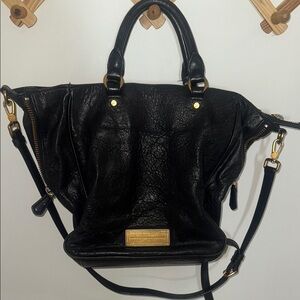 Black Textured Shoulder Bag with Gold Hardware